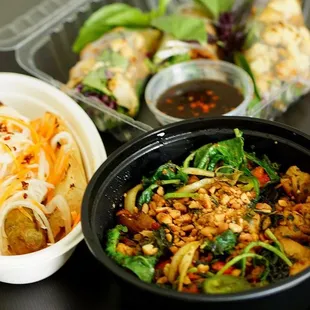 Hot Basil Stir-Fry, Vegan Spring Rolls, and Lemongrass Dog. Ordered from Doordash. So happy to found this place!