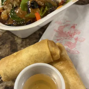 Japanese eggplant, white rice and spring rolls