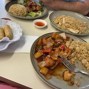 Fried rice, sweat and sour chicken, sesame chicken and egg rolls!
