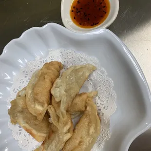 Gyoza dumplings appetizer (pork, chicken, veggies) serve with homemade chili sauce.