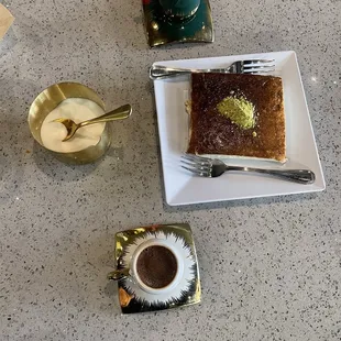 Turkish coffee and flan dessert