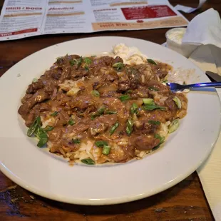 Beef tips over rice was very good.