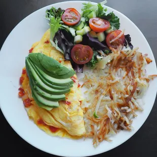 Als Omelette with a side salad and Crispy Hashbrowns!