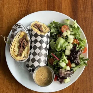 Steak Breakfast Wrap with a side Salad!