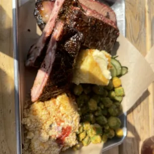 Ribs, brisket, tomato pie, fried okra and cornbread