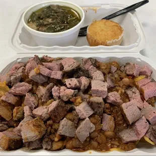 Loaded Tater with their greens and some corn bread!!