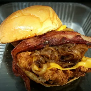 Buttermilk Fried (BMF) Chicken with Applewood Smoked Bacon, American Cheese, and Charmed Onions