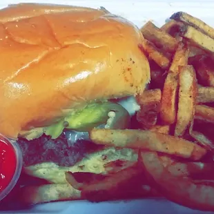 Single patty burger on brioche bun and old bay fries! Delicious