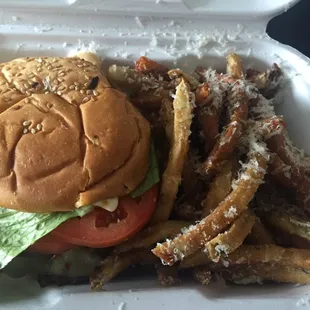 Burger with aged Parmesan fries! Yum!