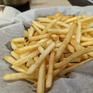 Fries are crispy and surprisingly seasoned.