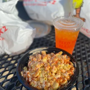 Mac n cheese bowl with orange soda