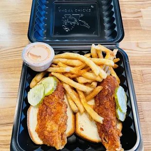 Classic #2 Two Hot Chicken Tenders (Medium Heat) over White Bread with Pickles and Fries.