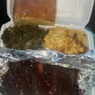 Beef ribs, Mac and Cheese, Collard Greens, Cornbread