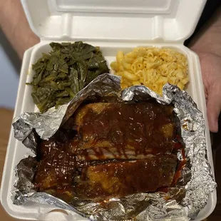 Ribs Mac and cheese and collard greens