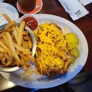 Chili dog with French fries
