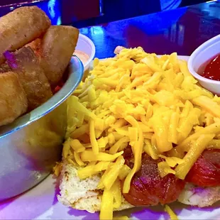 Hotdog at Angry Dog, with onion rings.