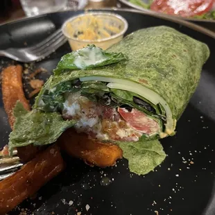 Chicken wrap is huge, Bill could only consume half. Sweet potato fries ...yummy