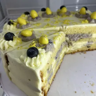 a cake with a slice taken out of it