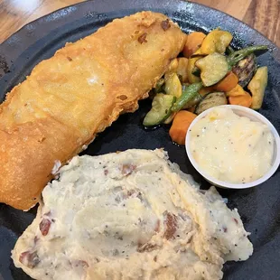 Beer batter haddock, mixed veggies, Boursin mashed potatoes