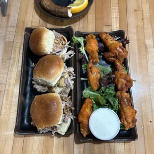 Pulled pork sliders and Buffalo wings