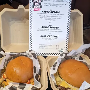 Angry burger on the left and other burger on the right.