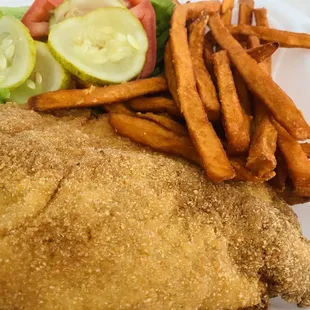 Fried chicken sandwich with sweet potato fries