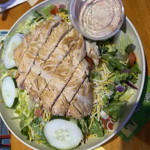 Angry Pepper chicken salad, grilled or blackened. Be sure to get the Angry ranch dressing!