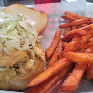 Chipotle chicken sandwich with sweet potato fries