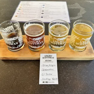 Beer flight. Rusty Kiltpin, Oktoberfest, El Pastor Lager, and Rooftop Wheat.