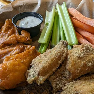 Buffalo garlic wings and ranch wings with a side of celery/ carrots/ blue cheese.
