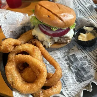 Mushroom Swiss burger with onion rings