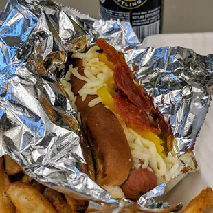 a hot dog and french fries