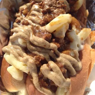 Chili Mac Wiener with spicy brown mustard on a 1/4lb all beef. #Upclosesavor