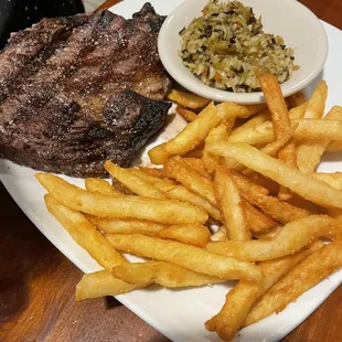 Ribeye with fries and wild rice