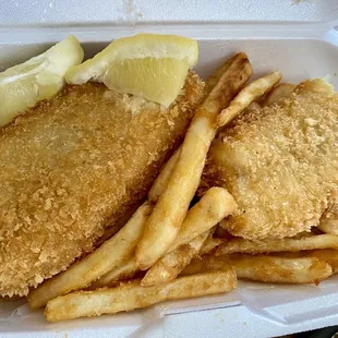 Huge fish and chips portions. Fish was meaty and flaky. Yum yum yum.