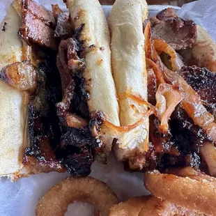 Smoked brisket, cheesesteak with onion rings