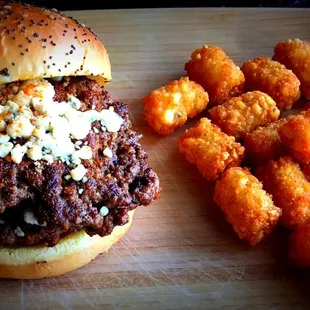 Double Black &amp; Bleu Burger with Tots