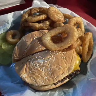 Burger and onion rings