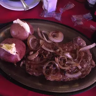 Large Ribeye, Red Potatoes and Salad.