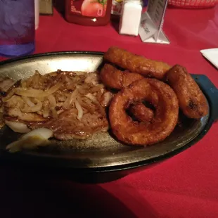 This is the small ribeye with beer battered onion rings. Delicious, but get the large one! (Thicker cut)