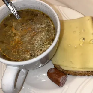 Flaki (beef tripe) soup, a piece of Kabanosy sausage and I made open sandwich from 7-grain bread and krolewiecki cheese.