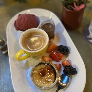 Café Gourmand. Sampler of creme brûlée, chocolate mousse, and berry mint sorbet. With espresso.