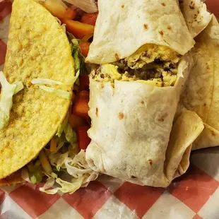 crunchy taco and a steak and egg burrito, no chili