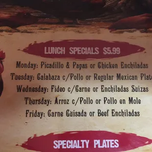 Anita's Café lunch specials.