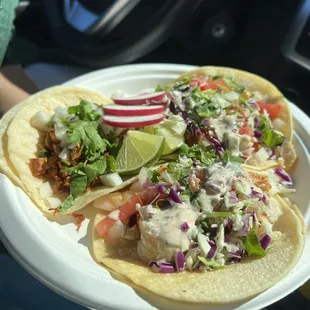 Fish, shrimp, and spicy chicken taco!  yummy in my tummy