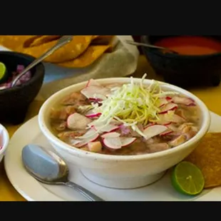 POZOLE ,WITH LETTUCE  ,RADISH, LIME &amp;CHIPS CHIPS