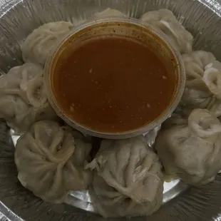 Premium Halal Chicken Jhol MoMo w/sauce (two were already eaten when I took this).