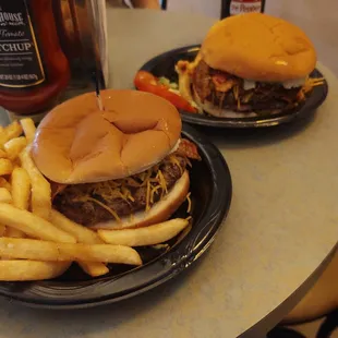 Bacon Cheeseburger and a Bacon, cheese and chili with fries and REAL SUGAR Dr. Pepper!