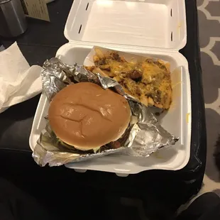 Chili cheese fries and bacon cheese burger with BBQ sauce !