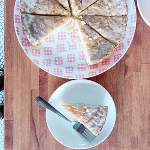 Gluten free "Kamala Coconut Cake" with macadamia nuts and fresh Meyer lemon.